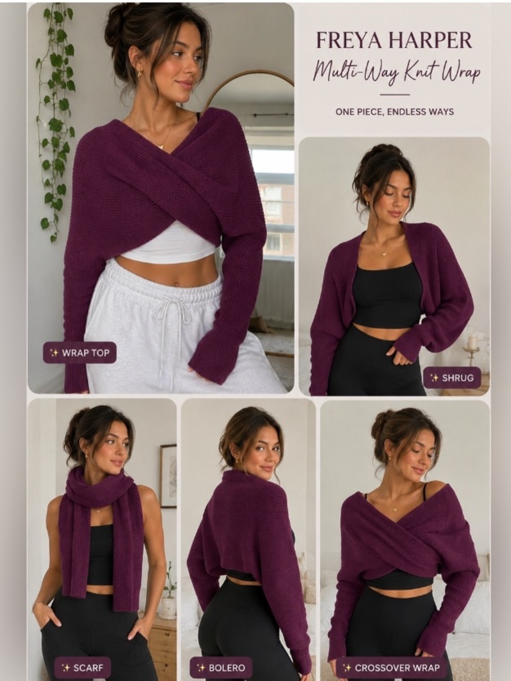 Freya Harper London Multiway Knit Scarf Wrap Shrug Purple Convertible Bolero